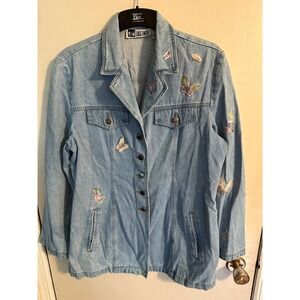 VINTAGE Together! Denim Jacket Embroidered Butterfly‎ Jean Coat Woman's Size 14